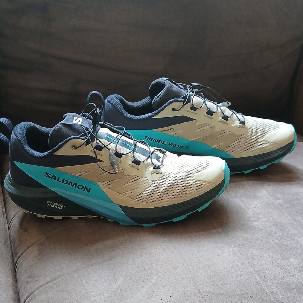 Salomon Men's Sense Ride 5 Trail Running Shoes - Cream and Blue